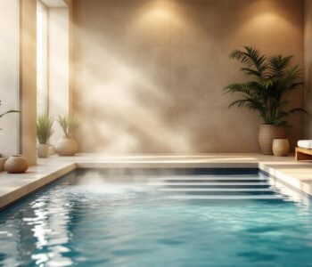 Piscine spa intérieure entourée de pierres naturelles et de bois, eau calme légèrement fumante, lumière douce et volumétrique aux tons chauds beige et bleu froid, plantes en pot, ambiance sereine et naturelle.