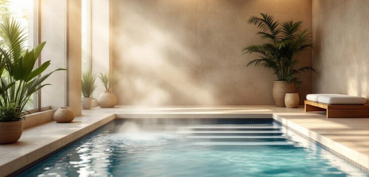 Piscine spa intérieure entourée de pierres naturelles et de bois, eau calme légèrement fumante, lumière douce et volumétrique aux tons chauds beige et bleu froid, plantes en pot, ambiance sereine et naturelle.