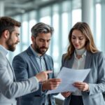 Une équipe d’entreprise composée de deux hommes et de deux femmes examine des documents d’assurance voyage dans un aéroport avant un départ professionnel.