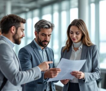 Une équipe d’entreprise composée de deux hommes et de deux femmes examine des documents d’assurance voyage dans un aéroport avant un départ professionnel.