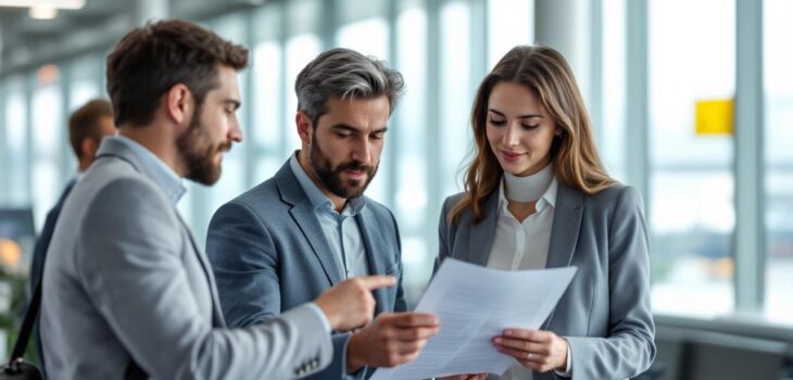 Une équipe d’entreprise composée de deux hommes et de deux femmes examine des documents d’assurance voyage dans un aéroport avant un départ professionnel.