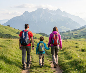 Une famille composée d’un homme, d’une femme, d’un garçon et d’une fille marche sur un sentier herbeux du plateau de Solaison, avec les alpages et le massif du Bargy en arrière-plan, baignés par une douce lumière matinale.