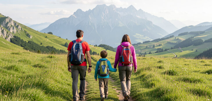 Une famille composée d’un homme, d’une femme, d’un garçon et d’une fille marche sur un sentier herbeux du plateau de Solaison, avec les alpages et le massif du Bargy en arrière-plan, baignés par une douce lumière matinale.