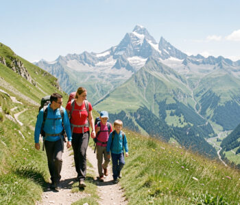Une famille composée d’un homme, d’une femme et de deux enfants marche sur un sentier herbeux au-dessus de la vallée d’Ossau, avec le pic du Midi d’Ossau en arrière-plan sous une lumière claire d’été.
