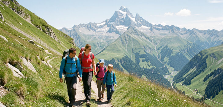 Une famille composée d’un homme, d’une femme et de deux enfants marche sur un sentier herbeux au-dessus de la vallée d’Ossau, avec le pic du Midi d’Ossau en arrière-plan sous une lumière claire d’été.