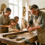 Une mère, un père et leur jeune fille observent un artisan travailler le bois dans un atelier français lumineux aux matériaux locaux.