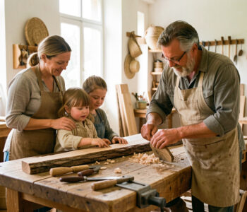 Une mère, un père et leur jeune fille observent un artisan travailler le bois dans un atelier français lumineux aux matériaux locaux.