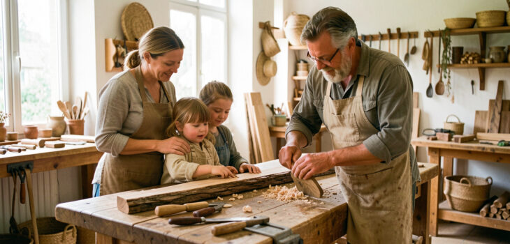 Une mère, un père et leur jeune fille observent un artisan travailler le bois dans un atelier français lumineux aux matériaux locaux.