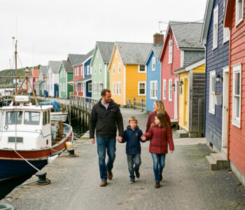 Une famille composée d’un homme, d’une femme, d’un jeune garçon et d’une jeune fille marche sur le port coloré de Saint-Pierre-et-Miquelon, entre maisons en bois et bateaux de pêche, sous une douce lumière de l’Atlantique Nord.