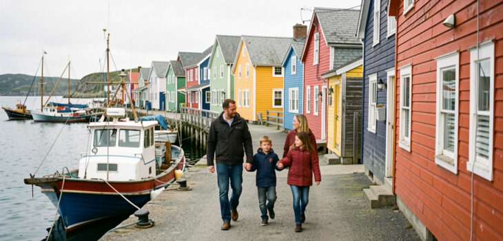 Une famille composée d’un homme, d’une femme, d’un jeune garçon et d’une jeune fille marche sur le port coloré de Saint-Pierre-et-Miquelon, entre maisons en bois et bateaux de pêche, sous une douce lumière de l’Atlantique Nord.