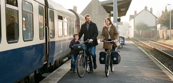 Une famille descend d’un train régional dans une gare normande avec des vélos équipés de sacoches, baignée par la douce lumière du matin.