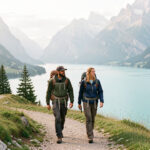 Un homme et une femme randonnent sur un sentier surplombant le lac de Bohinj dans les Alpes juliennes slovènes, sous une douce lumière matinale.