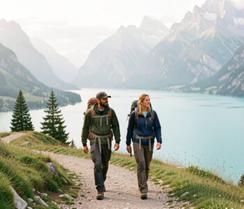 Un homme et une femme randonnent sur un sentier surplombant le lac de Bohinj dans les Alpes juliennes slovènes, sous une douce lumière matinale.