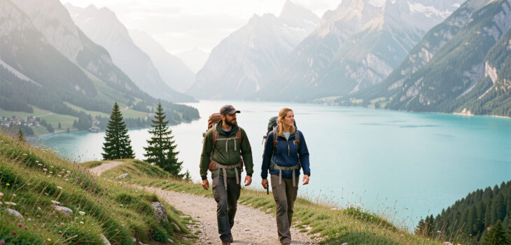 Un homme et une femme randonnent sur un sentier surplombant le lac de Bohinj dans les Alpes juliennes slovènes, sous une douce lumière matinale.