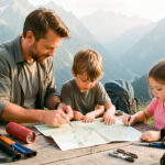 Une famille composée de deux adultes et de deux enfants prépare une carte topographique et du matériel de randonnée sur une table en bois, avec un paysage montagneux doux en arrière-plan.