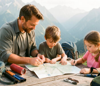 Une famille composée de deux adultes et de deux enfants prépare une carte topographique et du matériel de randonnée sur une table en bois, avec un paysage montagneux doux en arrière-plan.