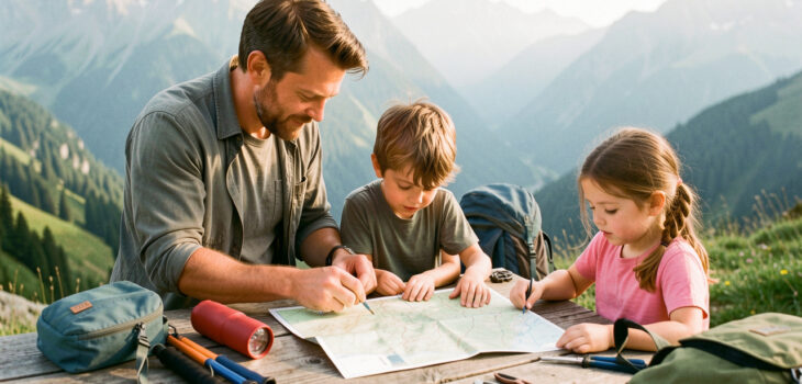 Une famille composée de deux adultes et de deux enfants prépare une carte topographique et du matériel de randonnée sur une table en bois, avec un paysage montagneux doux en arrière-plan.