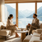 Suite contemporaine d’un hôtel de luxe donnant sur un lac alpin, avec une consultation de bien-être discrète dans une lumière matinale douce.
