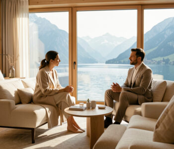 Suite contemporaine d’un hôtel de luxe donnant sur un lac alpin, avec une consultation de bien-être discrète dans une lumière matinale douce.