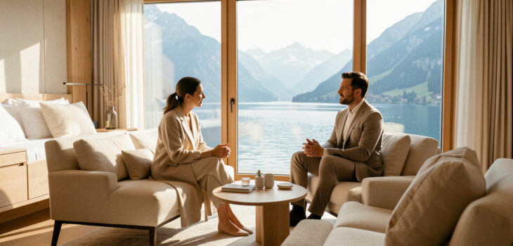 Suite contemporaine d’un hôtel de luxe donnant sur un lac alpin, avec une consultation de bien-être discrète dans une lumière matinale douce.