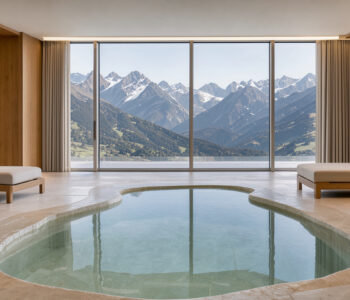 Suite lumineuse d’un spa d’hôtel de luxe avec bassin intérieur en pierre minérale, grandes fenêtres et vue panoramique sur les montagnes alpines.